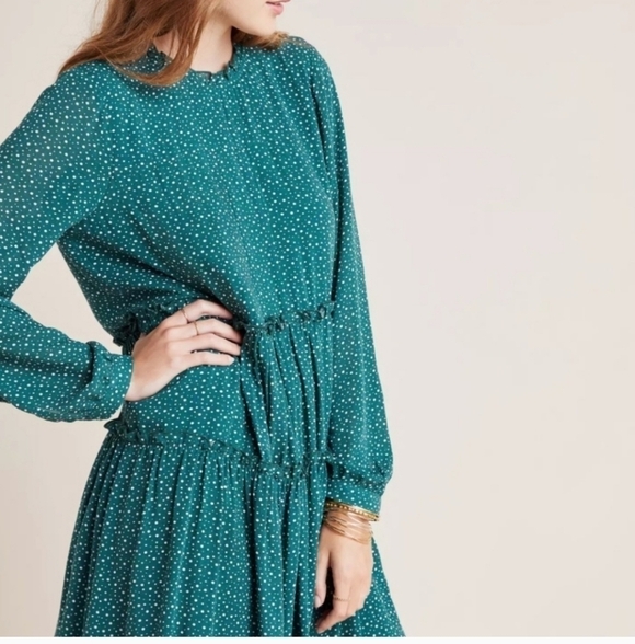 ANTHROPOLOGIE MAEVE ESTHER TIERED TUNIC/DRESS GREEN/WHITE POLKA DOT SIZE MEDIUM - Picture 2 of 13